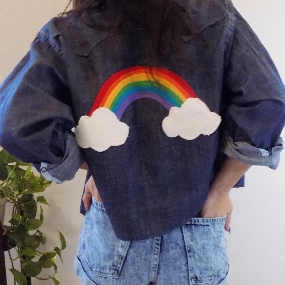 denim crop jacket pearl snaps rainbow clouds y2k